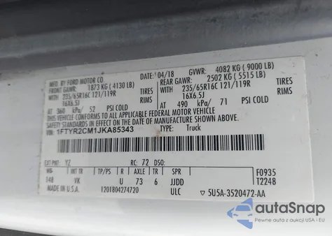 2018 Ford Transit-250 z USA, uszkodzony, nr VIN 1FTYR2CM1JKA85343